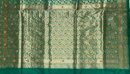 Faishana Presents Green Satin Silk Floral Zari Jaal Low Stone Work Banarasi Saree with Lehariya Pallu and Green Blouse