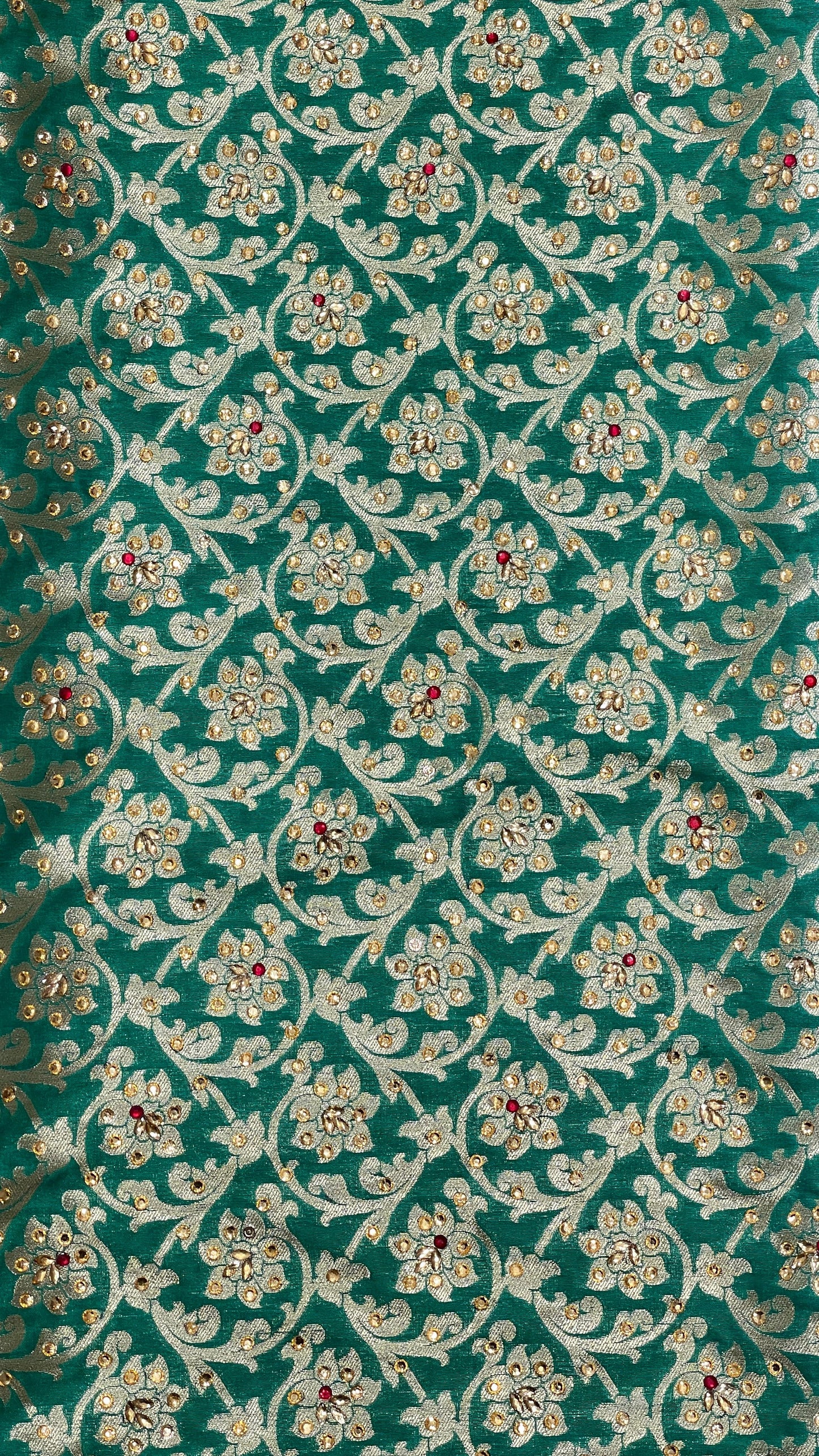 Faishana Presents Green Satin Silk Floral Zari Jaal Low Stone Work Banarasi Saree with Lehariya Pallu and Green Blouse