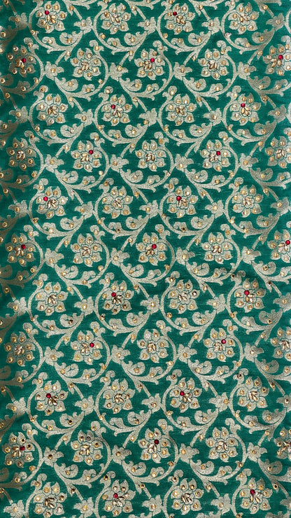 Faishana Presents Green Satin Silk Floral Zari Jaal Low Stone Work Banarasi Saree with Lehariya Pallu and Green Blouse