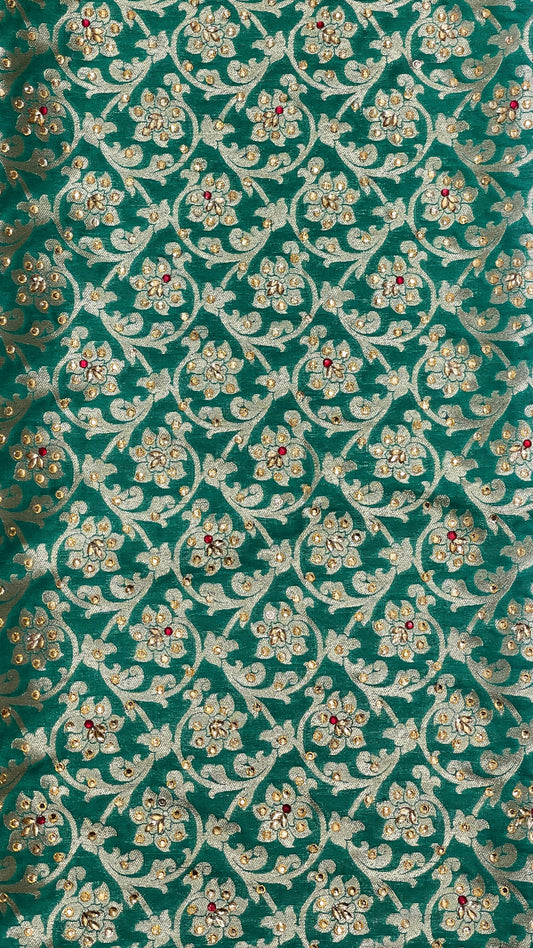 Faishana Presents Green Satin Silk Floral Zari Jaal Low Stone Work Banarasi Saree with Lehariya Pallu and Green Blouse