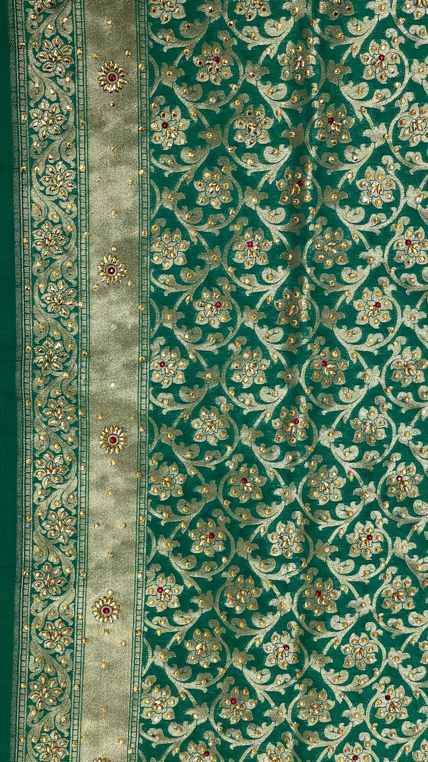 Faishana Presents Green Satin Silk Floral Zari Jaal Low Stone Work Banarasi Saree with Lehariya Pallu and Green Blouse