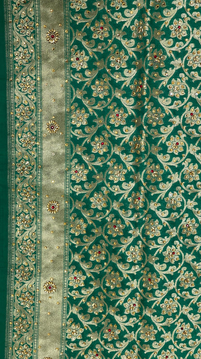 Faishana Presents Green Satin Silk Floral Zari Jaal Low Stone Work Banarasi Saree with Lehariya Pallu and Green Blouse