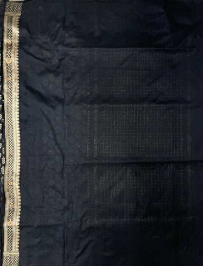 Faishana Presents Black Satin Silk Floral Zari Booti Low Stone Work Banarasi Saree with Checkered Pallu Skirt Zari and Black Blouse