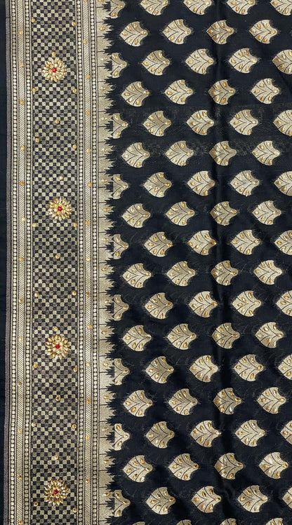 Faishana Presents Black Satin Silk Floral Zari Booti Low Stone Work Banarasi Saree with Checkered Pallu Skirt Zari and Black Blouse