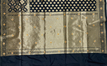 Faishana Presents Black Satin Silk Floral Zari Booti Low Stone Work Banarasi Saree with Checkered Pallu Skirt Zari and Black Blouse