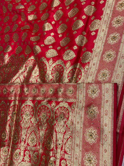 Faishana Presents Rose Pink Satin Silk Floral Zari Boota Heavy Stone Work Banarasi Saree with Floral Boota Zari Border and Strawberry Pink Blouse