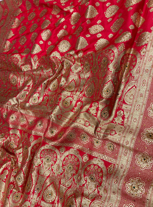 Faishana Presents Rose Pink Satin Silk Floral Zari Boota Heavy Stone Work Banarasi Saree with Floral Boota Zari Border and Strawberry Pink Blouse