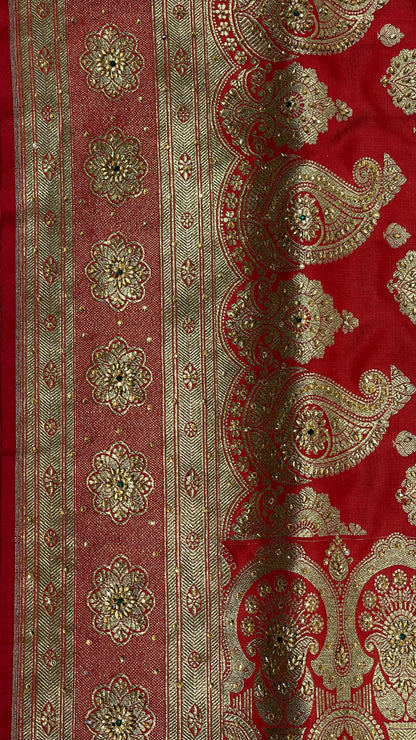 Faishana Presents Rose Pink Satin Silk Floral Zari Boota Heavy Stone Work Banarasi Saree with Floral Boota Zari Border and Strawberry Pink Blouse