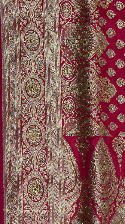 Faishana Presents Pink Satin Silk Floral Zari Booti Low Stone Work Skirt Zari Border with Banarasi Pallu and Pink Blouse