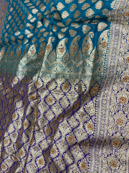 Faishana Presents Navy Blue Satin Silk Floral Zari Booti Low Stone Work Banarasi Saree with Contrast Purple Pallu and Purple Blouse