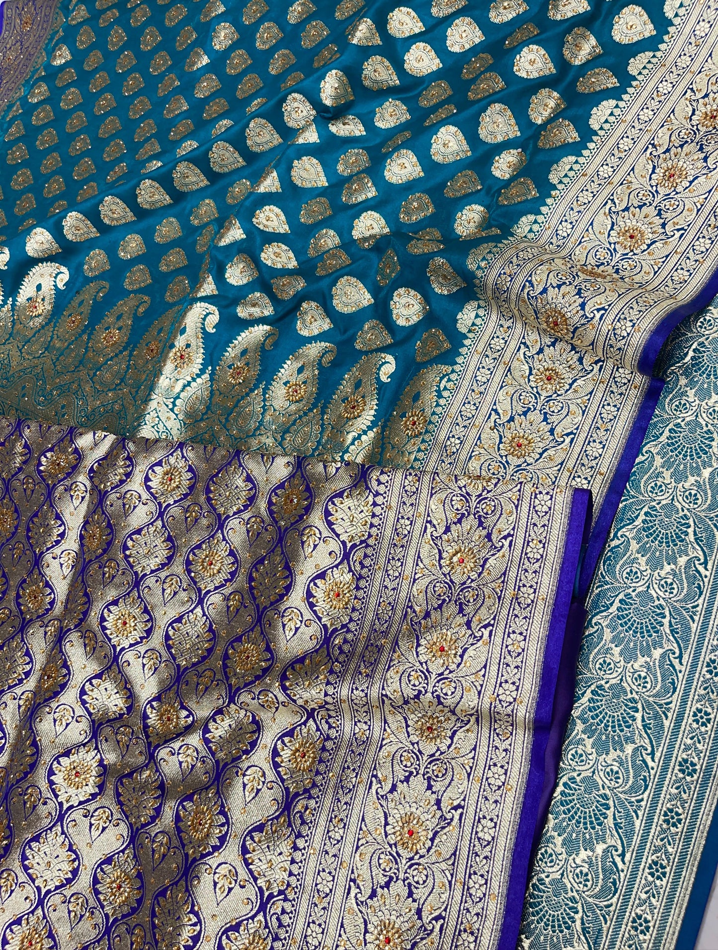 Faishana Presents Navy Blue Satin Silk Floral Zari Booti Low Stone Work Banarasi Saree with Contrast Purple Pallu and Purple Blouse