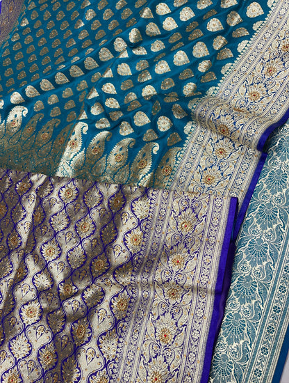 Faishana Presents Navy Blue Satin Silk Floral Zari Booti Low Stone Work Banarasi Saree with Contrast Purple Pallu and Purple Blouse