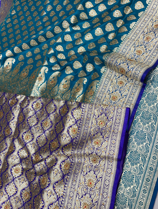 Faishana Presents Navy Blue Satin Silk Floral Zari Booti Low Stone Work Banarasi Saree with Contrast Purple Pallu and Purple Blouse