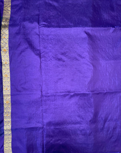 Faishana Presents Navy Blue Satin Silk Floral Zari Booti Low Stone Work Banarasi Saree with Contrast Purple Pallu and Purple Blouse