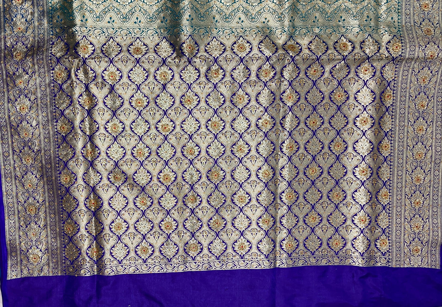 Faishana Presents Navy Blue Satin Silk Floral Zari Booti Low Stone Work Banarasi Saree with Contrast Purple Pallu and Purple Blouse