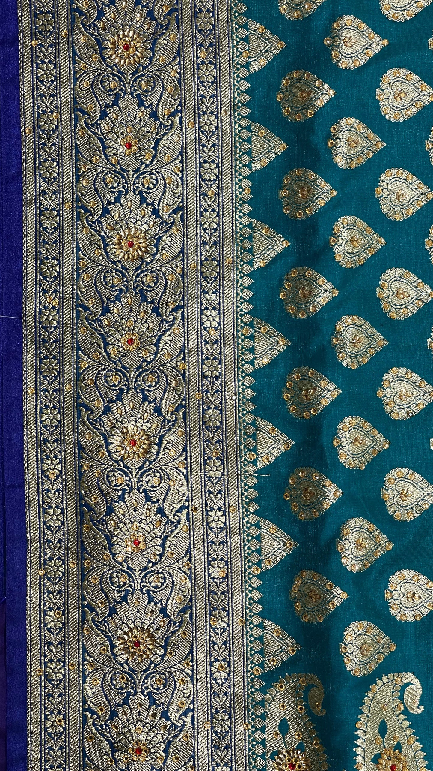 Faishana Presents Navy Blue Satin Silk Floral Zari Booti Low Stone Work Banarasi Saree with Contrast Purple Pallu and Purple Blouse