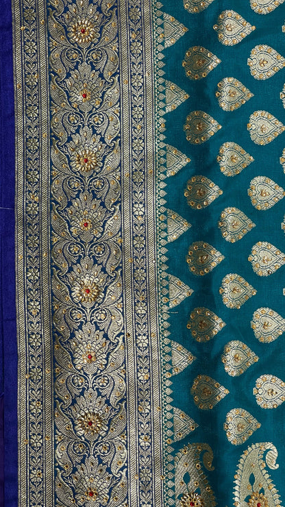 Faishana Presents Navy Blue Satin Silk Floral Zari Booti Low Stone Work Banarasi Saree with Contrast Purple Pallu and Purple Blouse