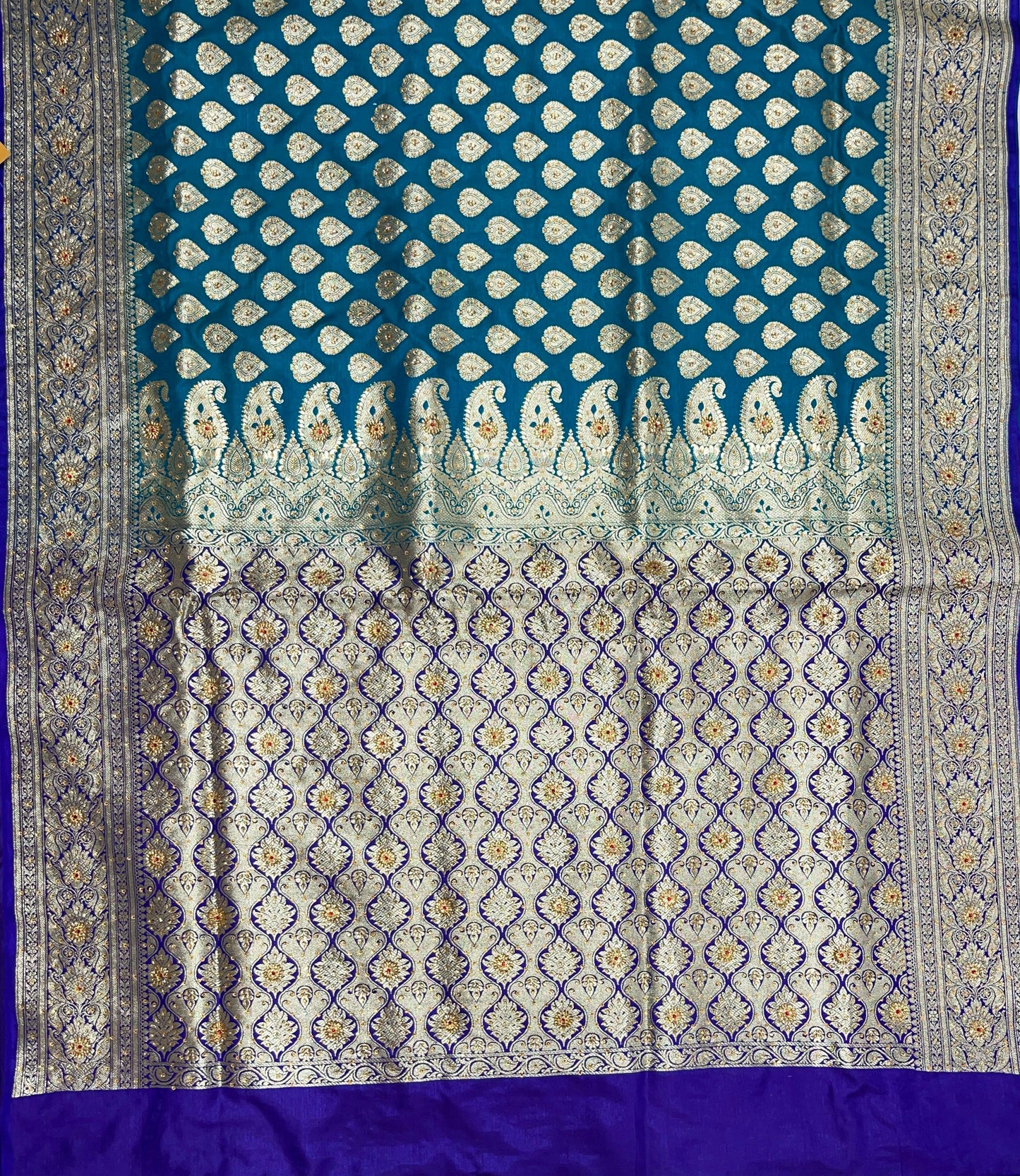 Faishana Presents Navy Blue Satin Silk Floral Zari Booti Low Stone Work Banarasi Saree with Contrast Purple Pallu and Purple Blouse