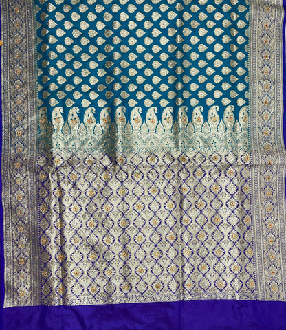 Faishana Presents Navy Blue Satin Silk Floral Zari Booti Low Stone Work Banarasi Saree with Contrast Purple Pallu and Purple Blouse
