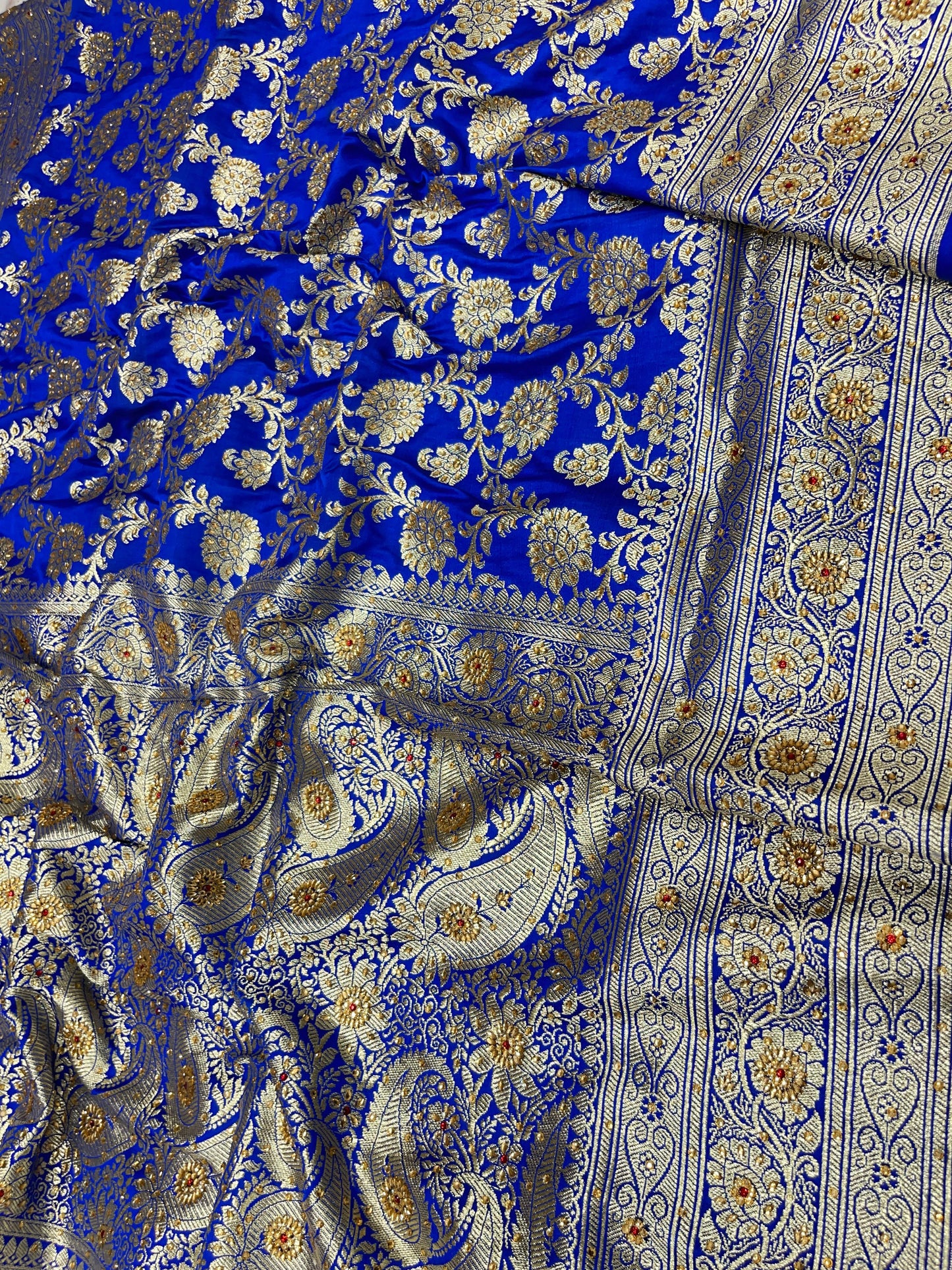 Faishana Presents Blue Satin Silk Floral Zari Jaal Low Stone Work Banarasi Saree with Paisley Zari Jaal Pallu and Blue Blouse