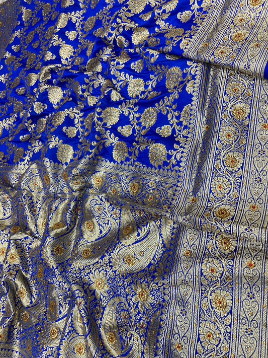 Faishana Presents Blue Satin Silk Floral Zari Jaal Low Stone Work Banarasi Saree with Paisley Zari Jaal Pallu and Blue Blouse