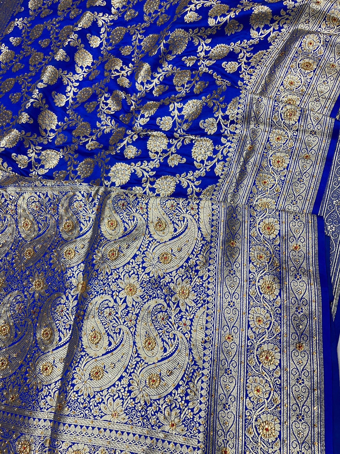 Faishana Presents Blue Satin Silk Floral Zari Jaal Low Stone Work Banarasi Saree with Paisley Zari Jaal Pallu and Blue Blouse