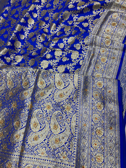 Faishana Presents Blue Satin Silk Floral Zari Jaal Low Stone Work Banarasi Saree with Paisley Zari Jaal Pallu and Blue Blouse