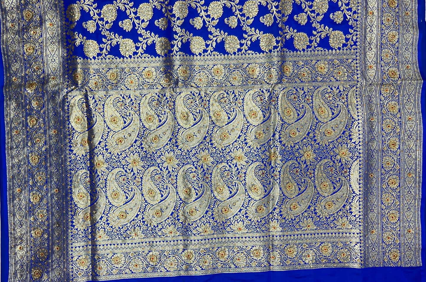 Faishana Presents Blue Satin Silk Floral Zari Jaal Low Stone Work Banarasi Saree with Paisley Zari Jaal Pallu and Blue Blouse