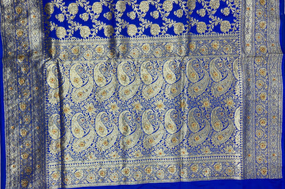 Faishana Presents Blue Satin Silk Floral Zari Jaal Low Stone Work Banarasi Saree with Paisley Zari Jaal Pallu and Blue Blouse