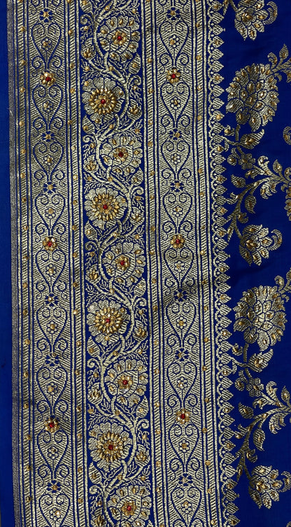 Faishana Presents Blue Satin Silk Floral Zari Jaal Low Stone Work Banarasi Saree with Paisley Zari Jaal Pallu and Blue Blouse