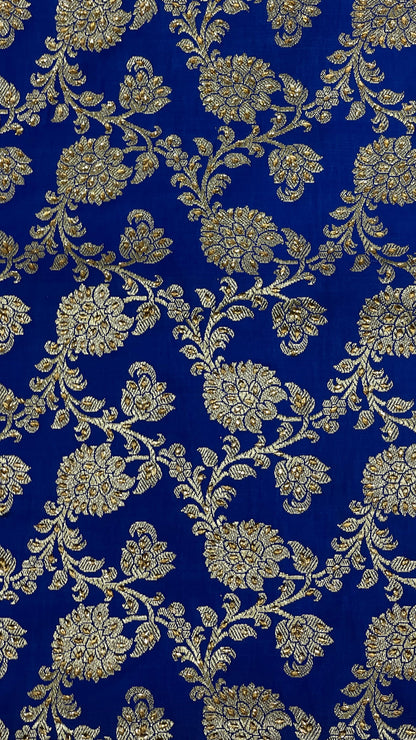 Faishana Presents Blue Satin Silk Floral Zari Jaal Low Stone Work Banarasi Saree with Paisley Zari Jaal Pallu and Blue Blouse