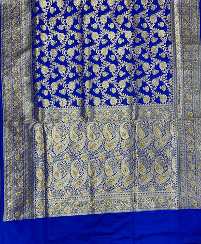 Faishana Presents Blue Satin Silk Floral Zari Jaal Low Stone Work Banarasi Saree with Paisley Zari Jaal Pallu and Blue Blouse