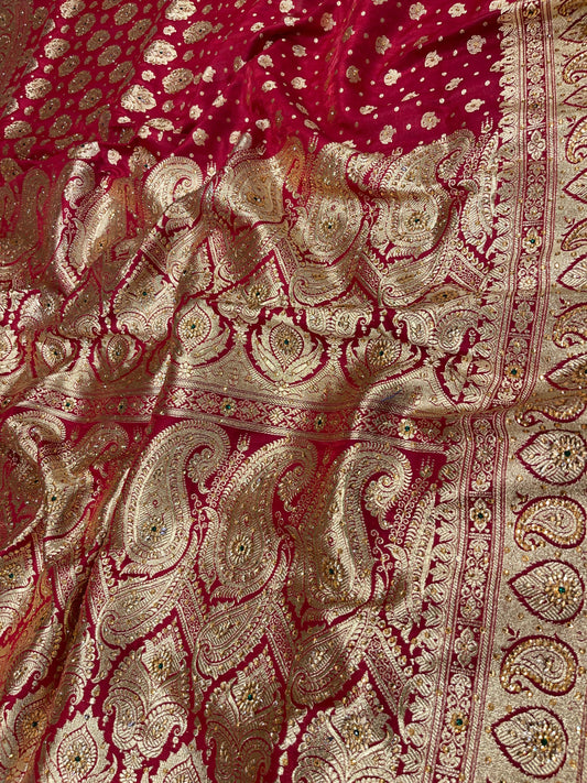 Faishana Presents Maroon Satin Silk Half Half Patli Zari Booti Low Stone Work Saree with Banarasi Pallu and Maroon Blouse