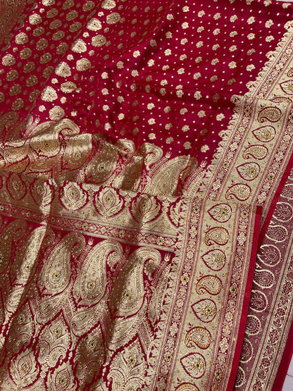 Faishana Presents Maroon Satin Silk Half Half Patli Zari Booti Low Stone Work Saree with Banarasi Pallu and Maroon Blouse
