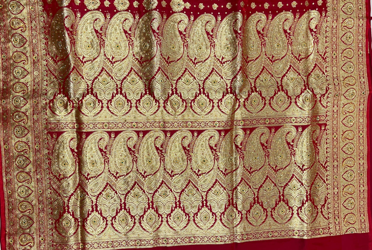 Faishana Presents Maroon Satin Silk Half Half Patli Zari Booti Low Stone Work Saree with Banarasi Pallu and Maroon Blouse
