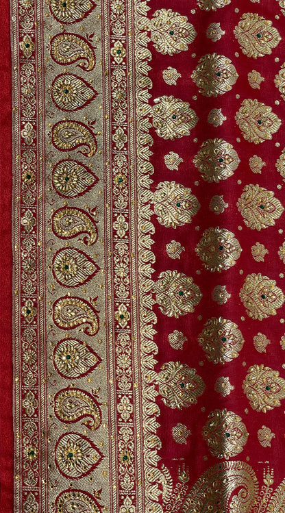 Faishana Presents Maroon Satin Silk Half Half Patli Zari Booti Low Stone Work Saree with Banarasi Pallu and Maroon Blouse