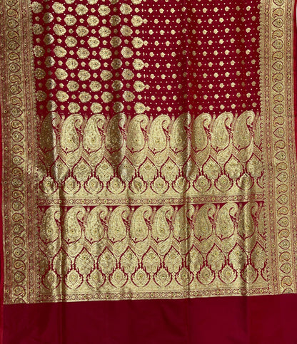 Faishana Presents Maroon Satin Silk Half Half Patli Zari Booti Low Stone Work Saree with Banarasi Pallu and Maroon Blouse