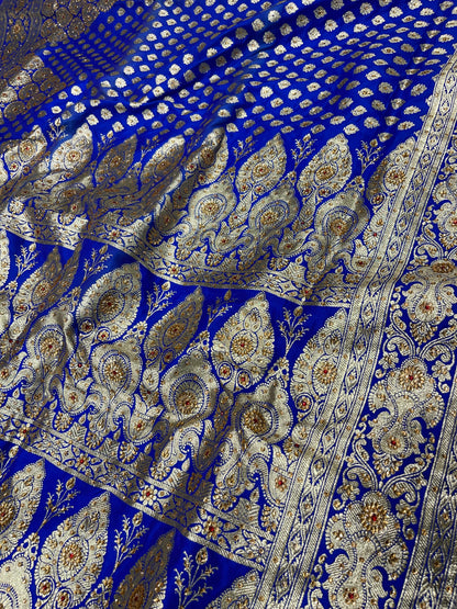 Faishana Presents Blue Satin Silk Floral Zari Booti Low Stone Work Skirt Zari Border with Banarasi Pallu and Blue Blouse