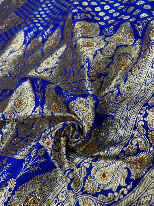 Faishana Presents Blue Satin Silk Floral Zari Booti Low Stone Work Skirt Zari Border with Banarasi Pallu and Blue Blouse