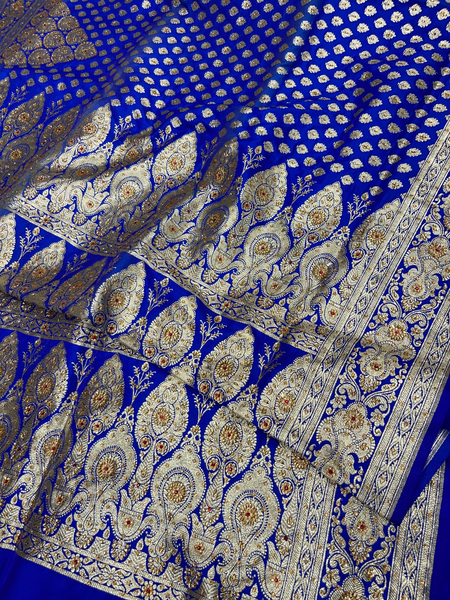 Faishana Presents Blue Satin Silk Floral Zari Booti Low Stone Work Skirt Zari Border with Banarasi Pallu and Blue Blouse
