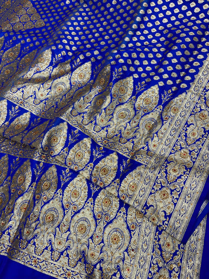 Faishana Presents Blue Satin Silk Floral Zari Booti Low Stone Work Skirt Zari Border with Banarasi Pallu and Blue Blouse