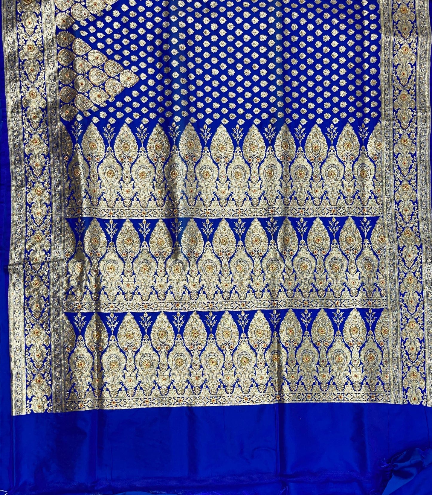 Faishana Presents Blue Satin Silk Floral Zari Booti Low Stone Work Skirt Zari Border with Banarasi Pallu and Blue Blouse