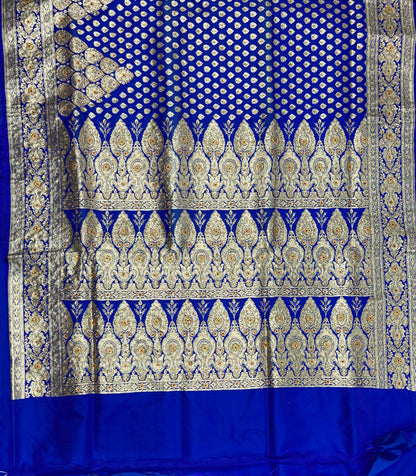 Faishana Presents Blue Satin Silk Floral Zari Booti Low Stone Work Skirt Zari Border with Banarasi Pallu and Blue Blouse