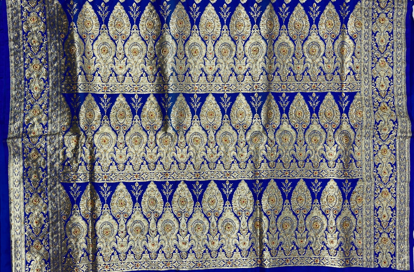 Faishana Presents Blue Satin Silk Floral Zari Booti Low Stone Work Skirt Zari Border with Banarasi Pallu and Blue Blouse
