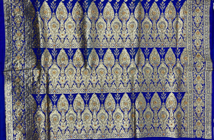 Faishana Presents Blue Satin Silk Floral Zari Booti Low Stone Work Skirt Zari Border with Banarasi Pallu and Blue Blouse