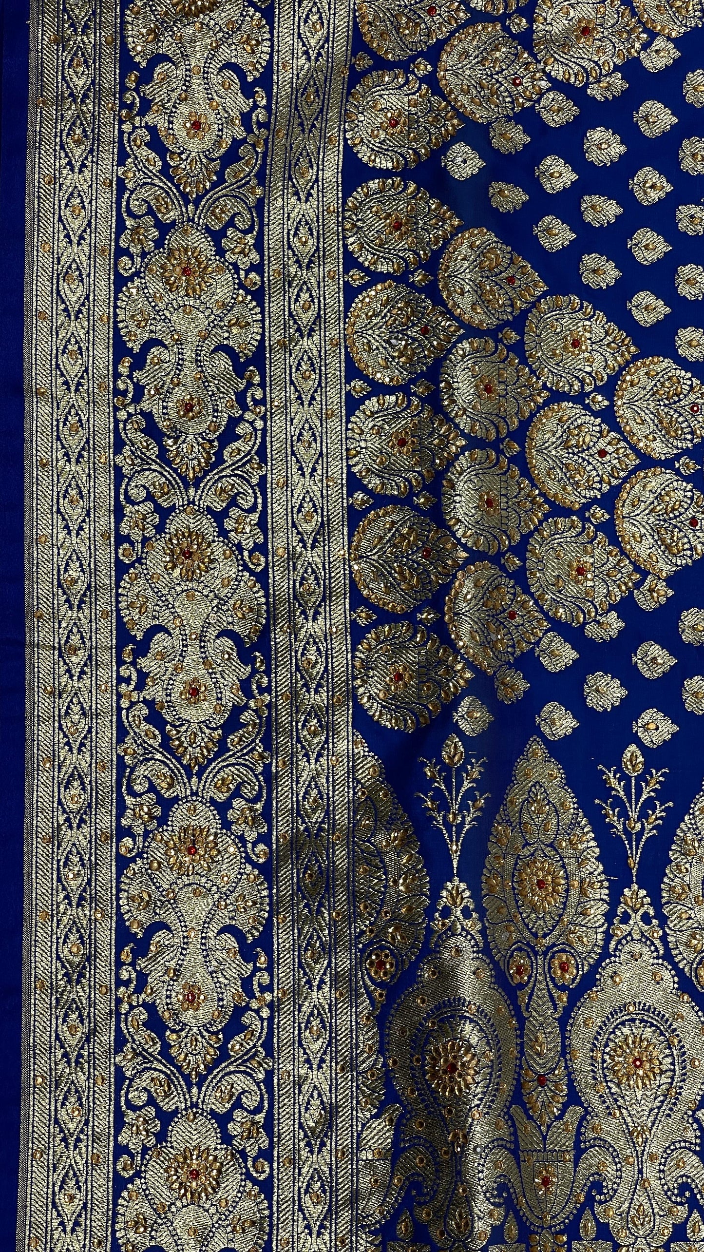 Faishana Presents Blue Satin Silk Floral Zari Booti Low Stone Work Skirt Zari Border with Banarasi Pallu and Blue Blouse