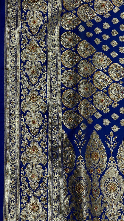 Faishana Presents Blue Satin Silk Floral Zari Booti Low Stone Work Skirt Zari Border with Banarasi Pallu and Blue Blouse