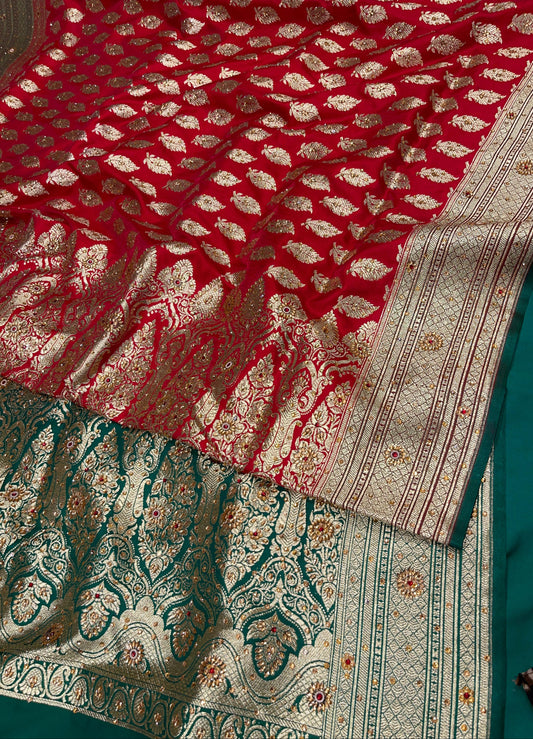 Faishana Presents Red Satin Silk Floral Leaf Zari Booti Low Stone Work Banarasi Saree with Contrast Green Pallu and Green Blouse