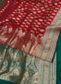 Faishana Presents Red Satin Silk Floral Leaf Zari Booti Low Stone Work Banarasi Saree with Contrast Green Pallu and Green Blouse