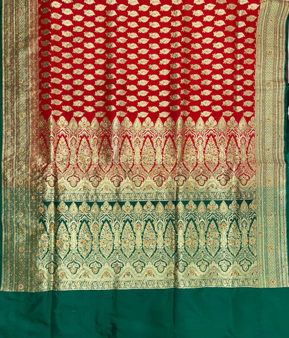 Faishana Presents Red Satin Silk Floral Leaf Zari Booti Low Stone Work Banarasi Saree with Contrast Green Pallu and Green Blouse
